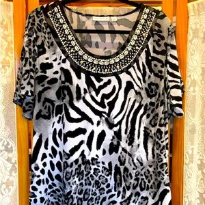 Liquid Knit U-Neck Top w/ Bead & Shell Embellishments